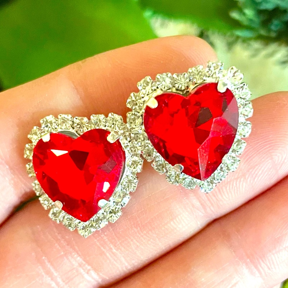 Cubic Zirconia Red Heart Stud Earrings
